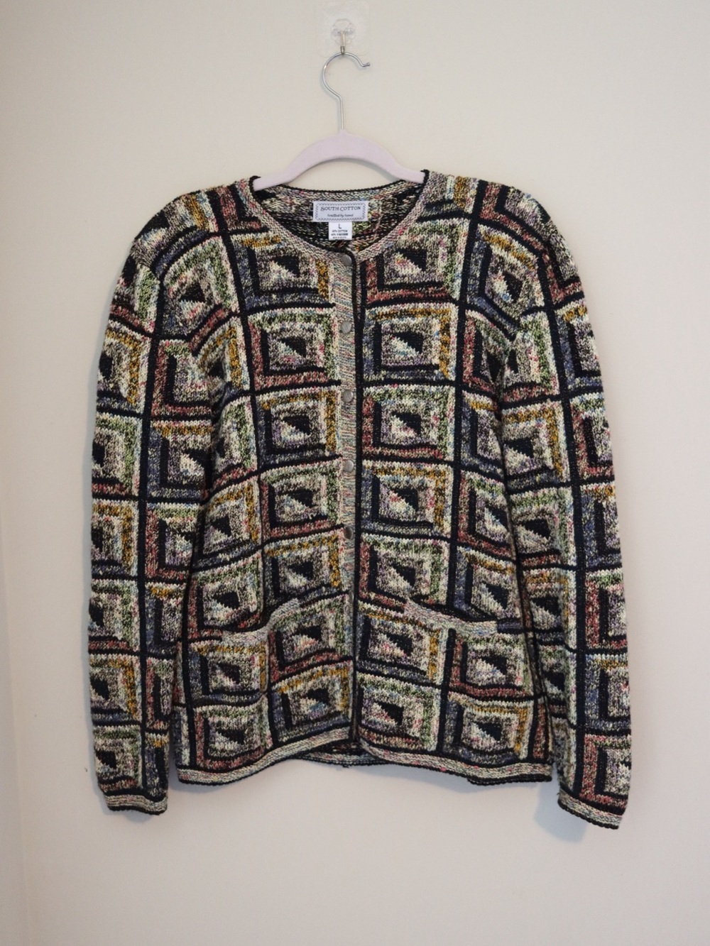 Vintage South Cotton Multicolor Geometric Knit Cardigan